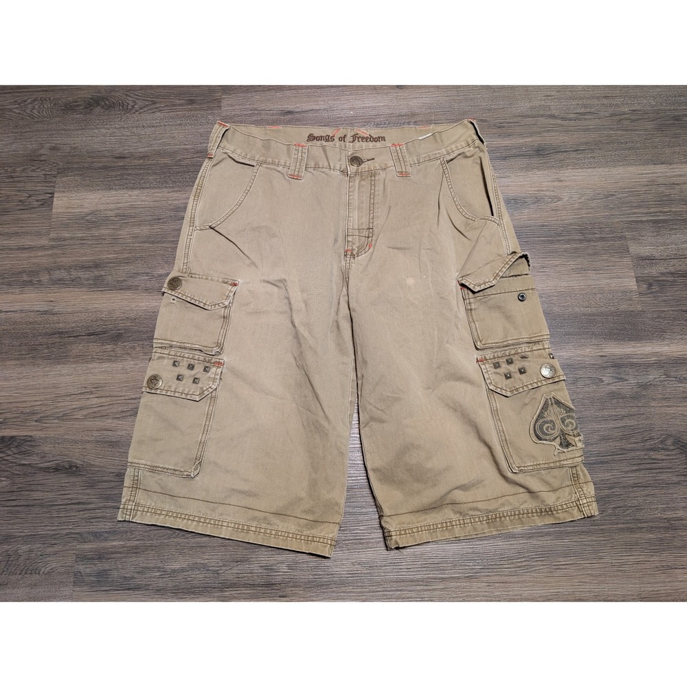 Songs of Freedom Mens 36 Cargo Shorts Khaki Tan‎ Studded Spade Y2K Skate Baggy